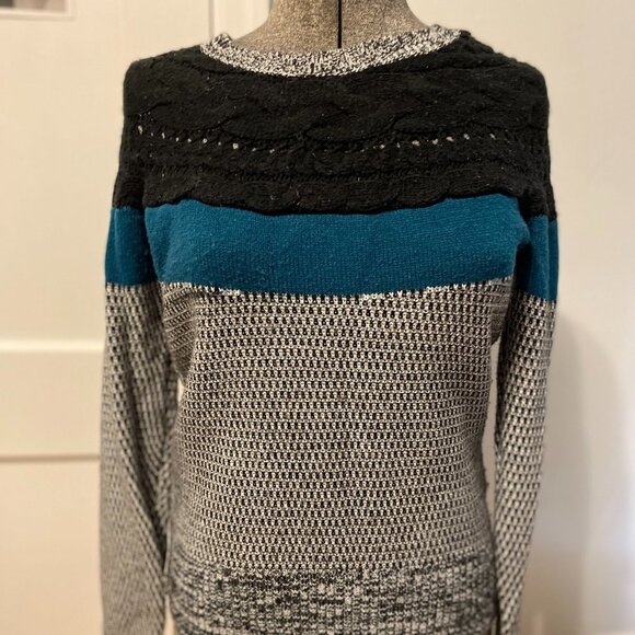 Vtg Mixed-pattern knit Ronson sweater, Medium, chunky Teal black gray top M - Picture 2 of 7